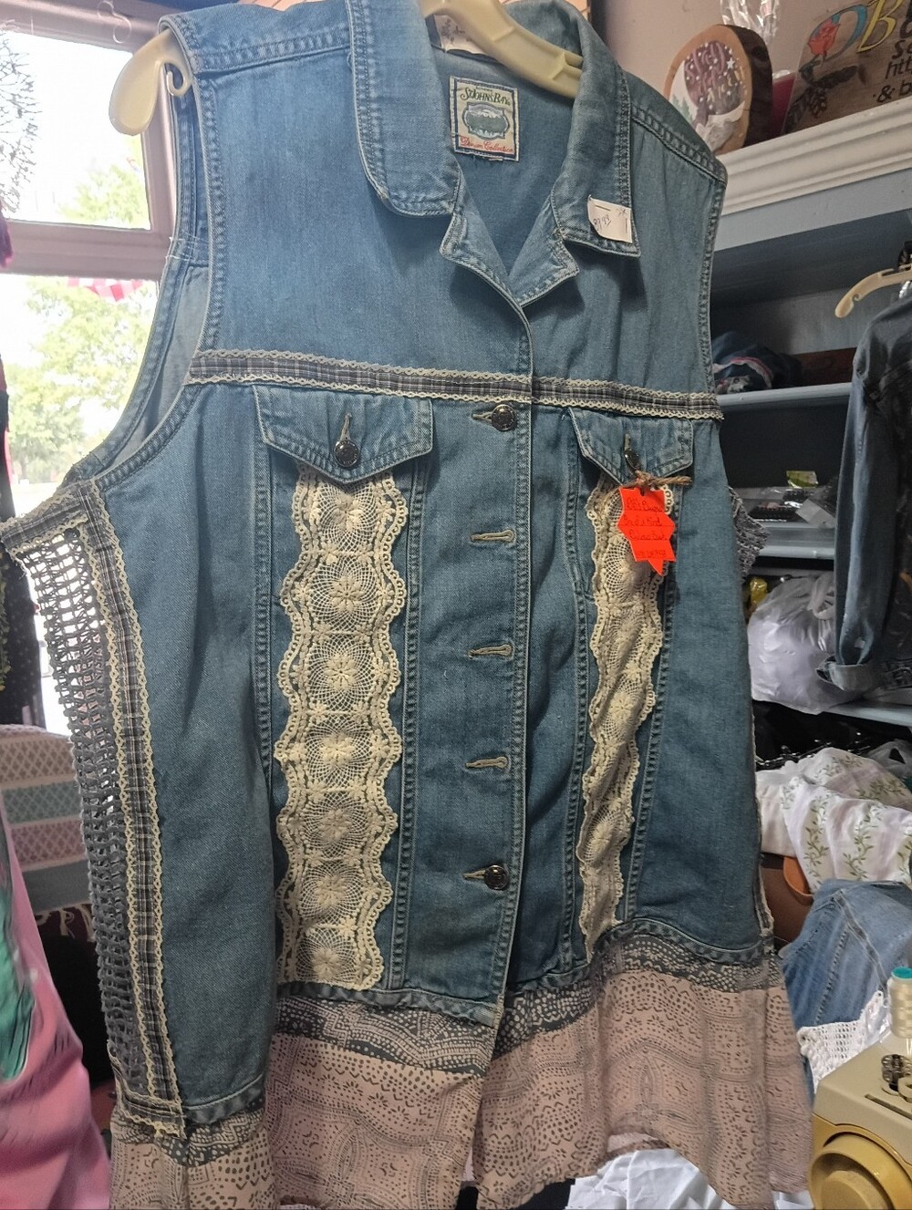 One of a Kind Hand Designed of Vintage-Inspired Lace Trim Denim Vest - Blue
